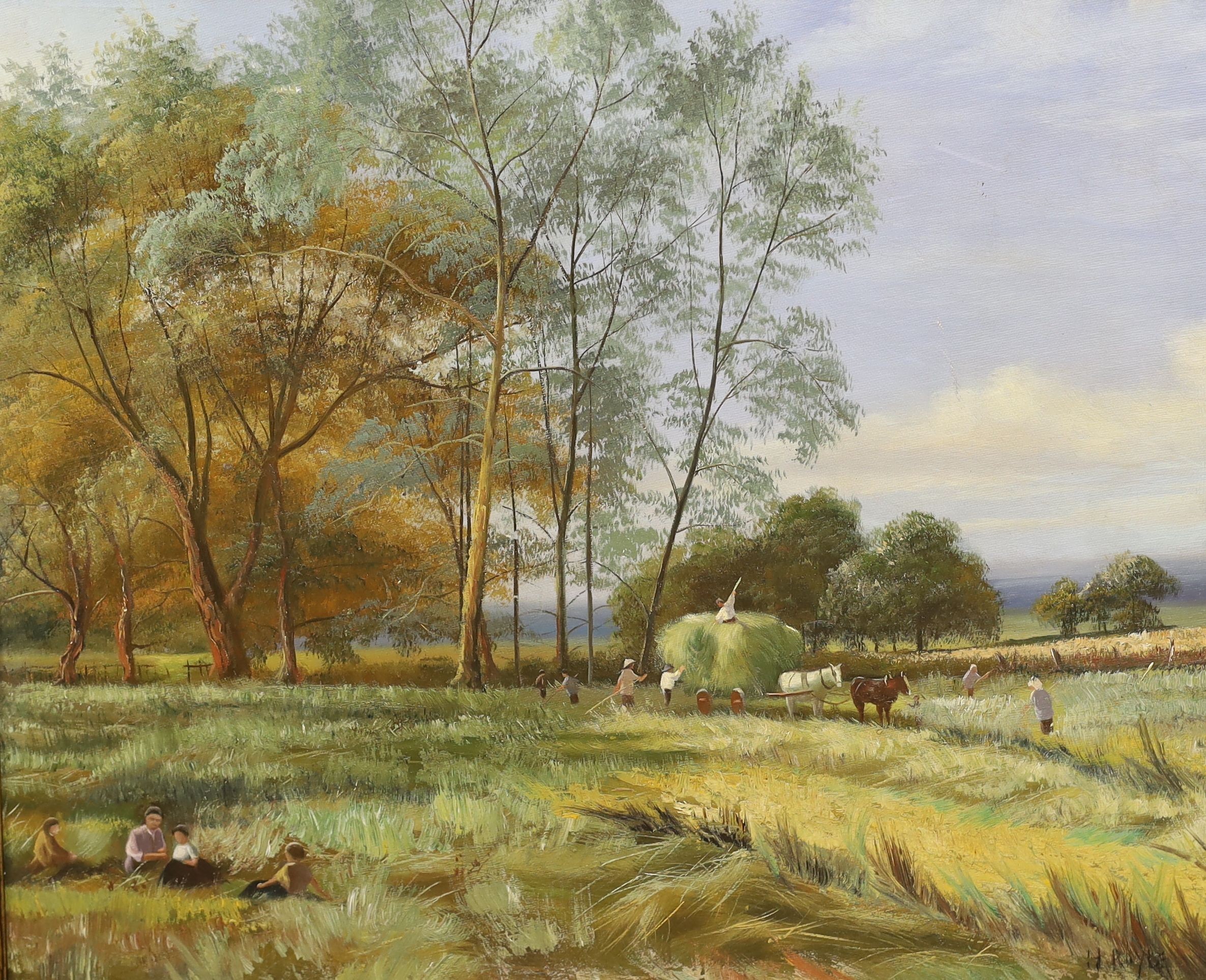 H. Royale, oil on board, Haymaking scene, signed, 36 x 43cm